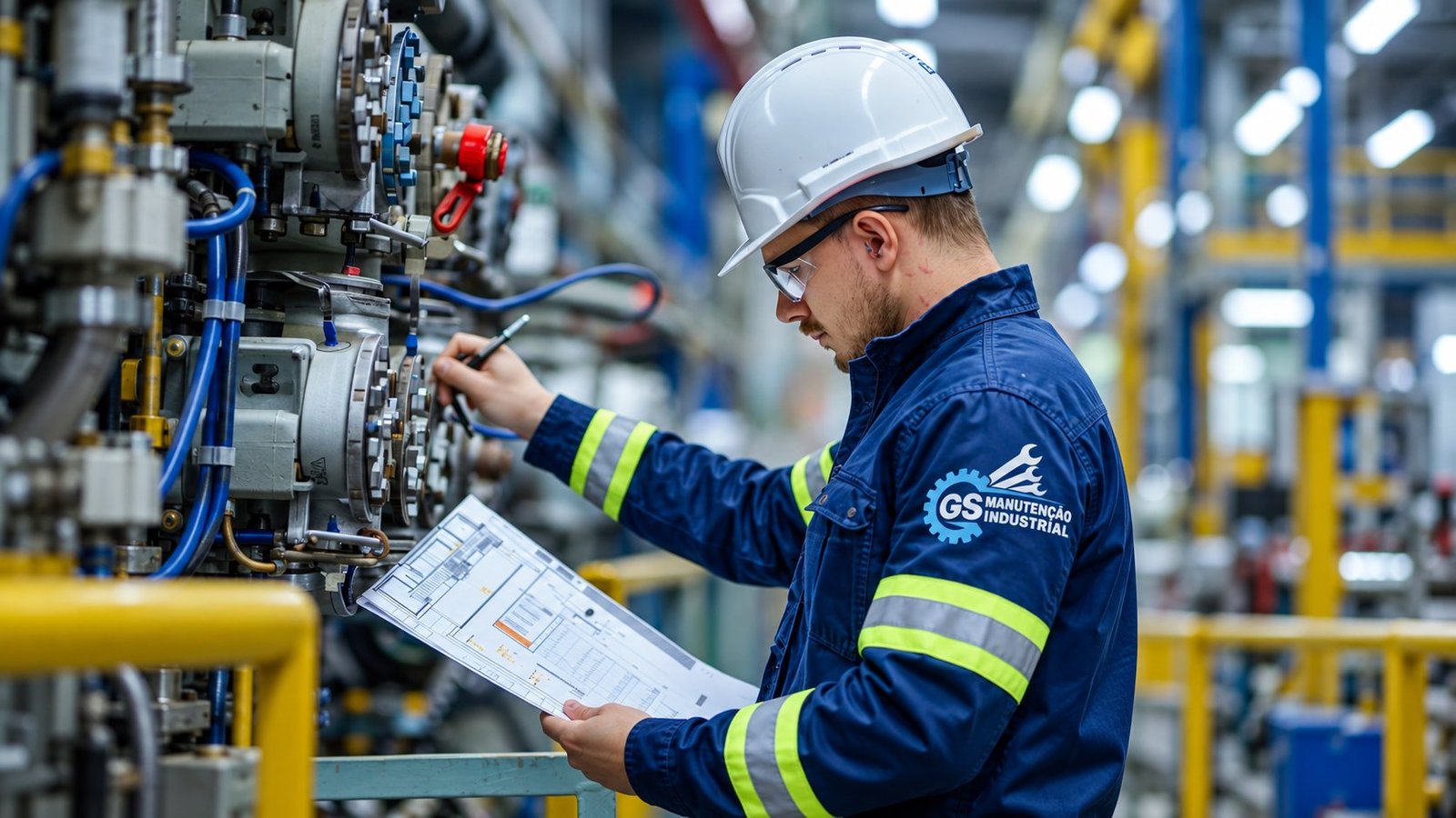 Técnico da GS realizando inspeção e manutenção em máquina industrial