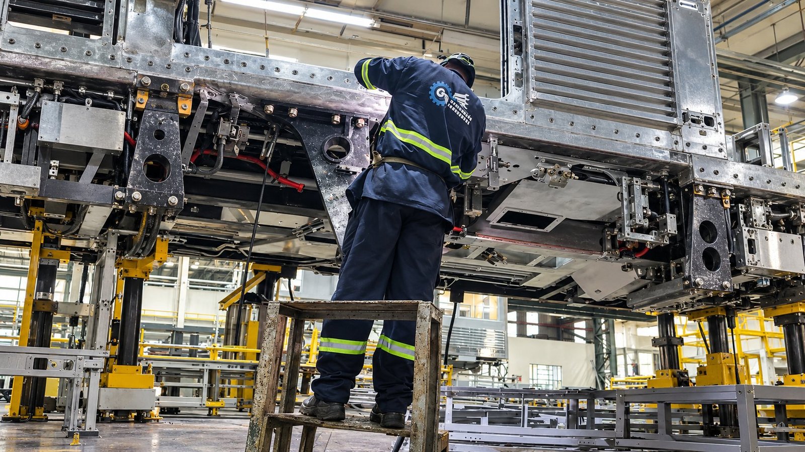 Técnico da GS em manutenção de máquina em linha de produção