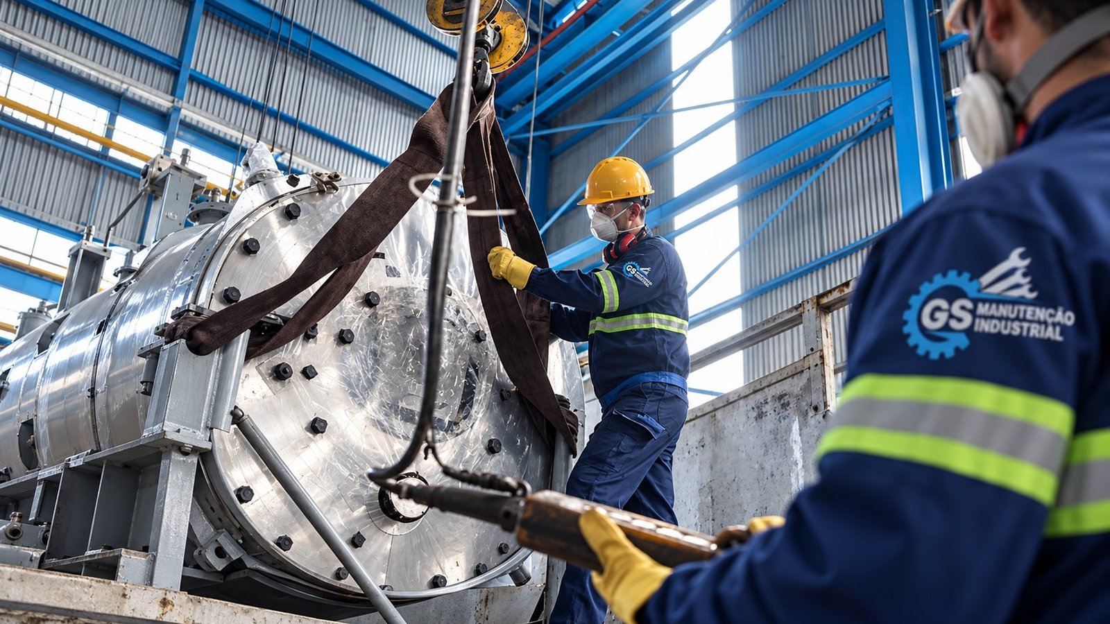 Equipe da GS içando equipamento industrial para manutenção